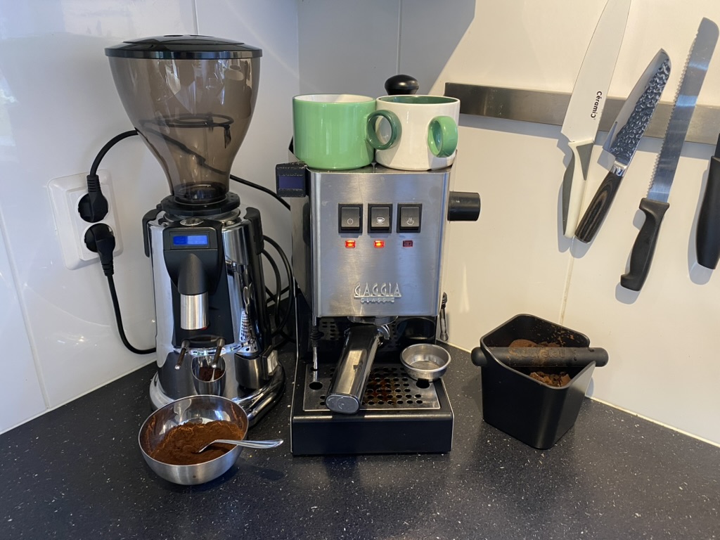 My brewing setup with the Shotwatch attached to the side of the GAGGIA Classic Pro"